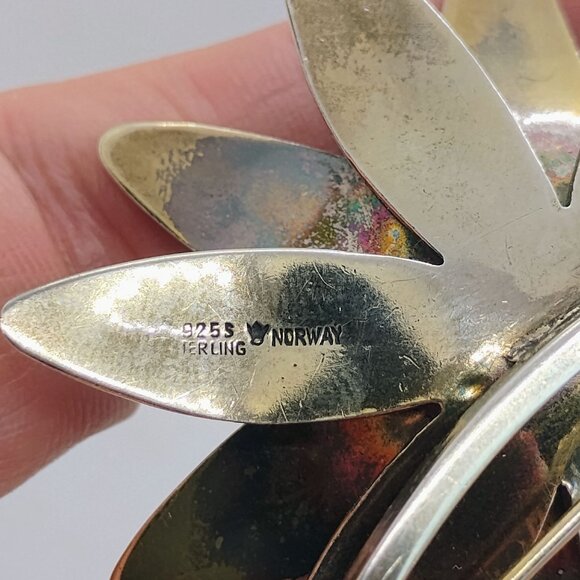 Rare Vtg HROAR PRYDZ Norway Blue Enamel Sterling Silver Flower Brooch Pendant - Picture 8 of 8